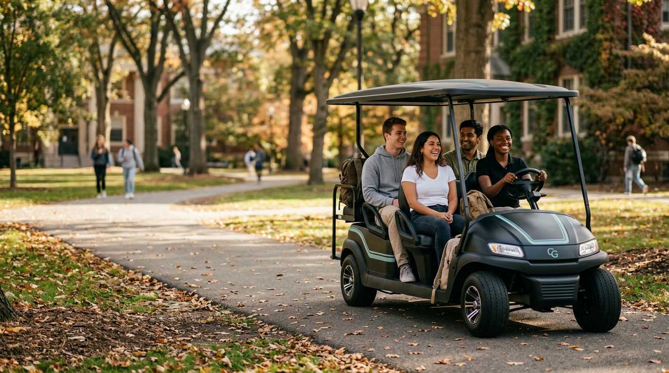 CampusGo golf cart with students on a university campus